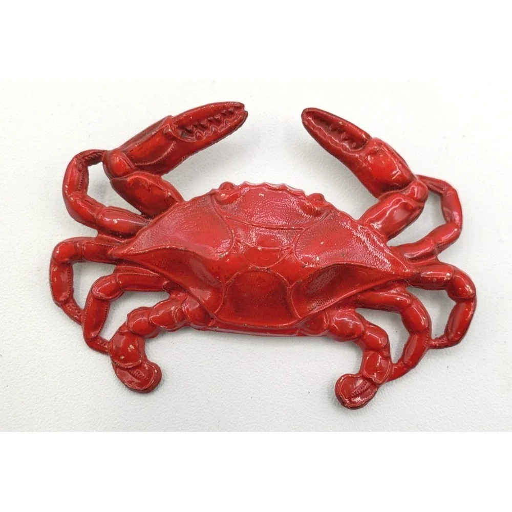 Vintage Red Enamel Painted on Tin Crab Brooch Pin